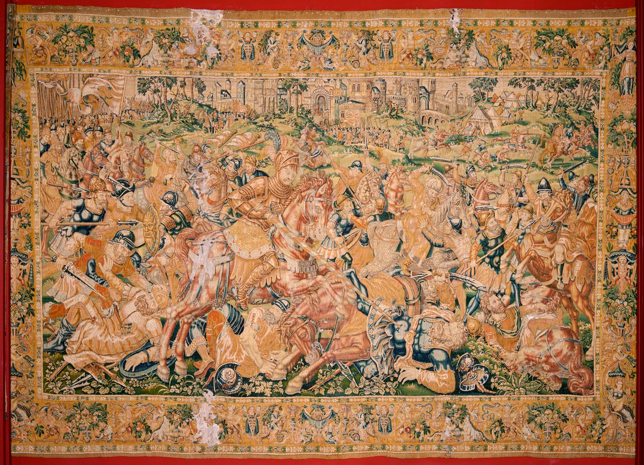 flamsk gobelin. Serien Judiths bog. Krigsscene (Escena bélica). Tredje gobelin i serien. Fremstilling Holland, Bruxelles? Anden halvdel af 1500-tallet. Stof Uld. Placering Church of Saint Nicholas of Bari (museum åbnet i 2009). Oprindelse af Flemish School