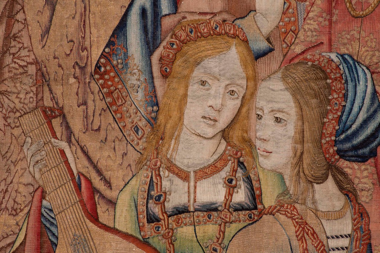 flamsk gobelin. Serien The History of David and Bathsheba.Profeten Nathan irettesætter kong David (El profeta Natán reprende a David). Tredje panel i serien. Anonym model. Fremstilling ukendt, Bruxelles. 1505. Stof Guld, silke og uld. af Flemish School