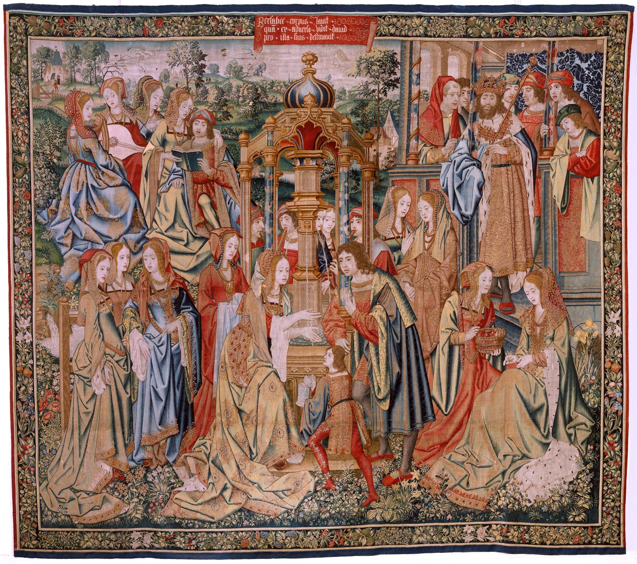 flamsk gobelin. Serien Davids og Batsebas historie. Bathseba ved hendes bad (Betsabé en el baño sorprendida por David). Seriens første panel. Anonym model. Fremstilling ukendt, Bruxelles af Flemish School