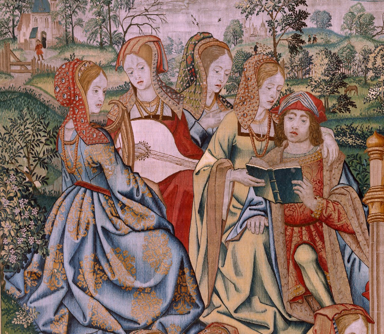 flamsk gobelin. Serien Davids og Batsebas historie. Bathseba ved hendes bad (Betsabé en el baño sorprendida por David). Seriens første panel. Anonym model. Fremstilling ukendt, Bruxelles af Flemish School