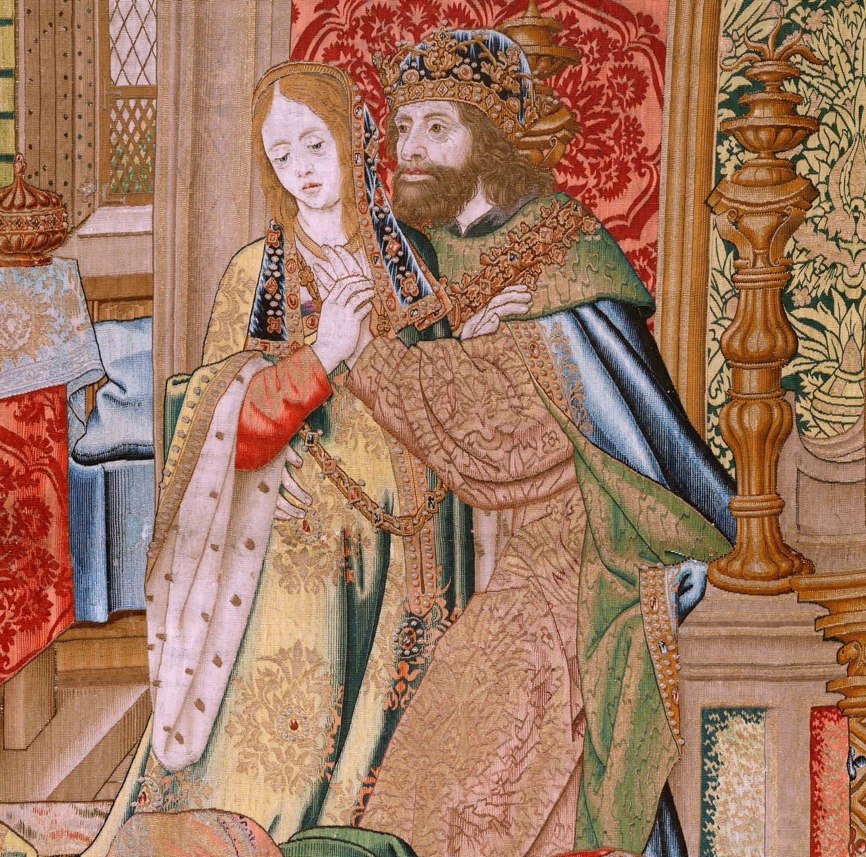 flamsk gobelin. Serien Davids og Batsebas historie. Ægteskab mellem David og Bathsheba (Casamiento de David y Betsabé). Andet panel i serien. Anonym model. Fremstilling ukendt, Bruxelles. 1505. Stof Guld, silke og uld. af Flemish School