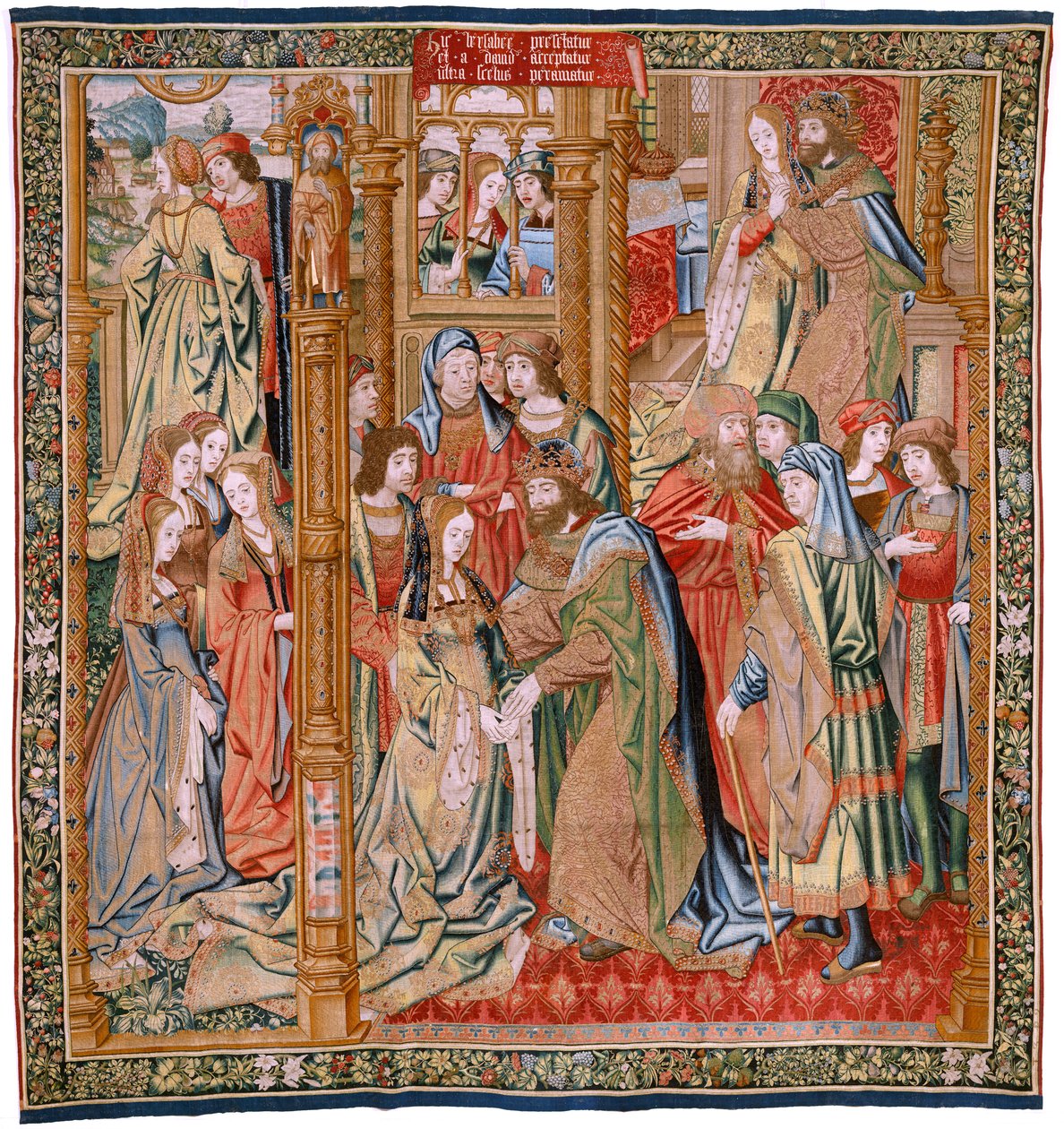 flamsk gobelin. Serien Davids og Batsebas historie. Ægteskab mellem David og Bathsheba (Casamiento de David y Betsabé). Andet panel i serien. Anonym model. Fremstilling ukendt, Bruxelles. 1505. Stof Guld, silke og uld. af Flemish School