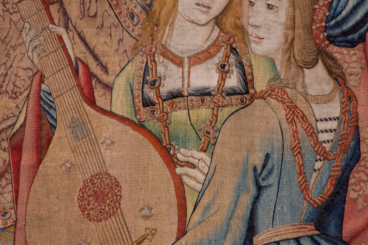 flamsk gobelin. Serien Davids og Batsebas historie. Profeten Nathan irettesætter kong David (El profeta Natán reprende a David). Tredje panel i serien. Anonym model. Fremstilling ukendt, Bruxelles. 1505. Stof Guld, silke og uld. af Flemish School