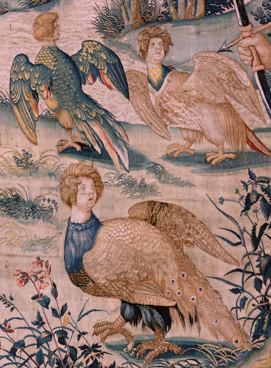 flamsk gobelin. Serien The Labours of Hercules. Hercules og Stymphalian-fuglene (Hércules y las aves del lago Estínfalo). Første gobelin i den eksisterende serie. Model ukendt. Fremstilling Willem Dermoyen, Bruxelles. Ca1528. Stof Silke og uld. ; Størrelse af Flemish School