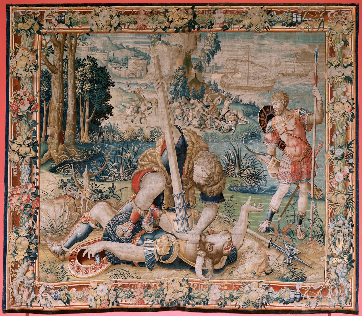 flamsk gobelin. Serien The Labours of Hercules. Hercules kæmper mod Minotaurus. Hercules kæmper mod Minotaurus). Andet gobelin i den eksisterende serie. Model Ukendt. Fremstilling Willem Dermoyen, Bruxelles. Omkring 1528. af Flemish School