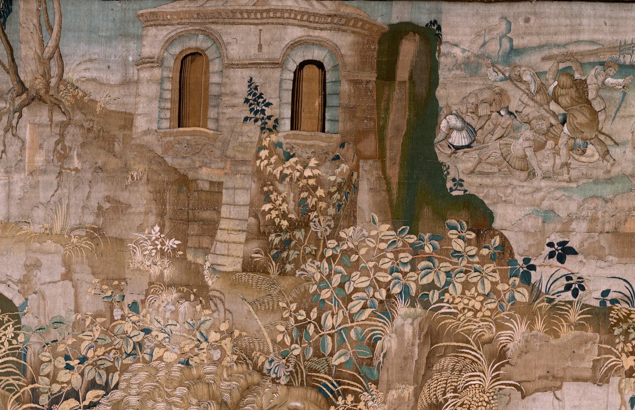 flamsk gobelin. Serien The Labours of Hercules. Hercules fanger Cerberus (Hércules captura a Cancerbero). Sjette gobelin i den eksisterende serie. Model ukendt. Fremstilling Willem Dermoyen, Bruxelles. Ca1528. Stof Silke og uld. Størrelse 345 x 390 cm. Loc af Flemish School