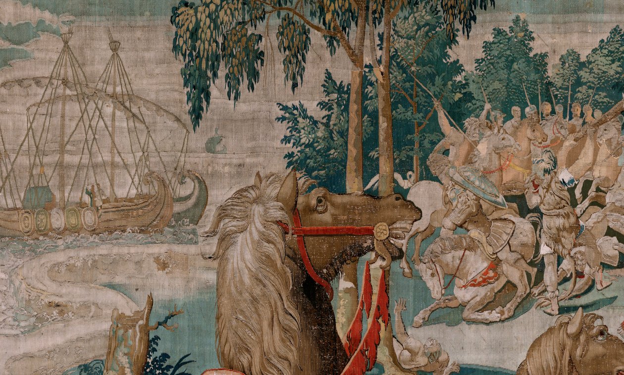 flamsk gobelin. Serien The Labours of Hercules. Diomedes Heste (Los caballos de Diomedes). Tredje gobelin i den eksisterende serie. Model ukendt. Fremstilling Willem Dermoyen, Bruxelles. Ca1528. Stof Silke og uld. Størrelse 350 x 400 cm. Beliggenhed kgl af Flemish School