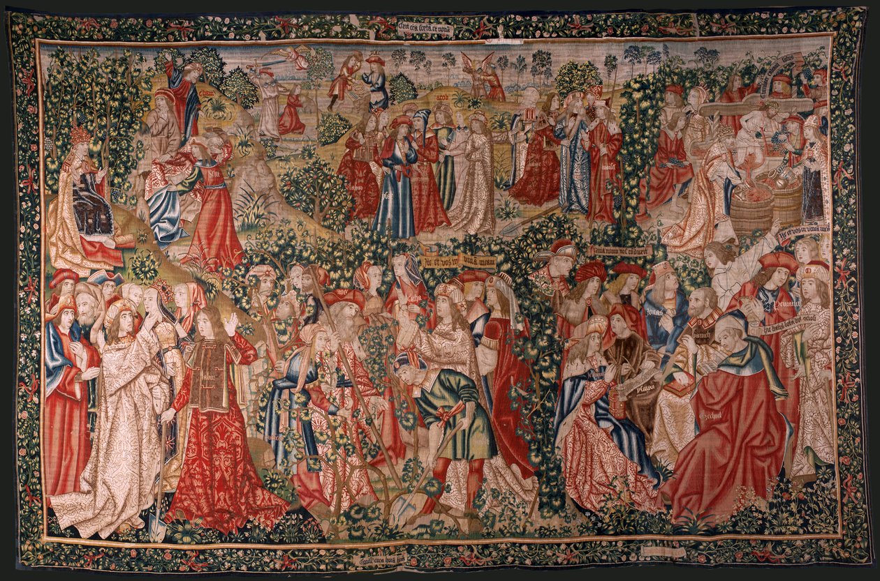 flamsk gobelin. Serien Lignelsen om arbejderne i vingården. Kaldet til arbejderne (La llamada a los trabajadores). Første gobelin i serien. Fremstilling Bruxelles, Pieter van Aelsts værksteder(?). Ca 1500. Stof Silke og uld, 6 kæder pe af Flemish School