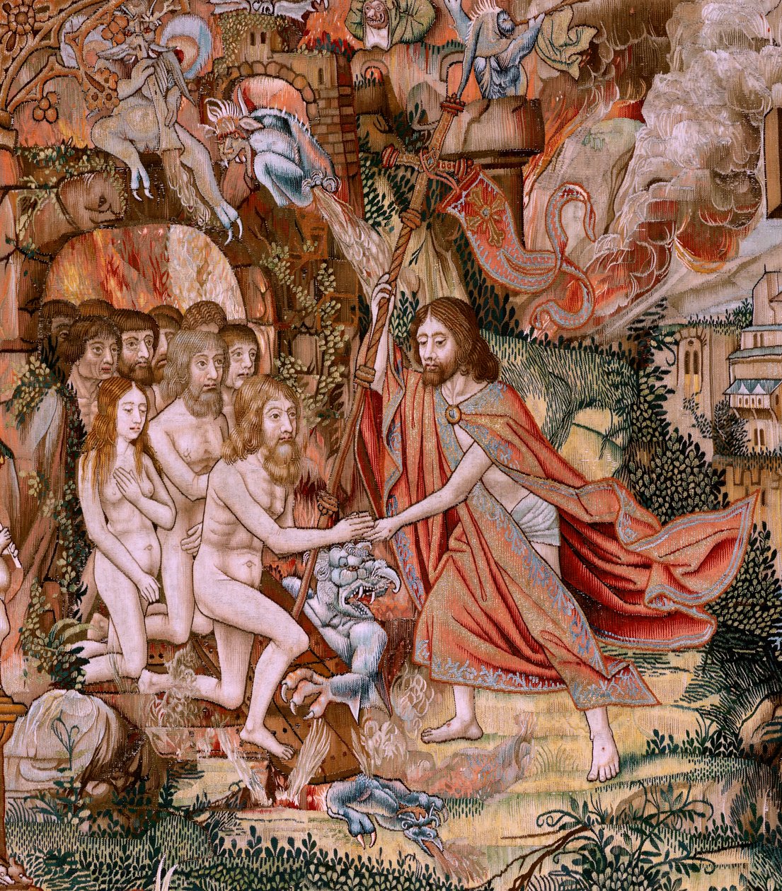 flamsk gobelin. Serien The Passion of Christ. Nedstigningen fra korset (Descendimiento). Den anden billedtæppeserie af Kristi Passion, der tilhører Patrimonio Nacional. Modeltegnere fra Jan van Roomes kreds. Fremstilling Pieter va af Flemish School