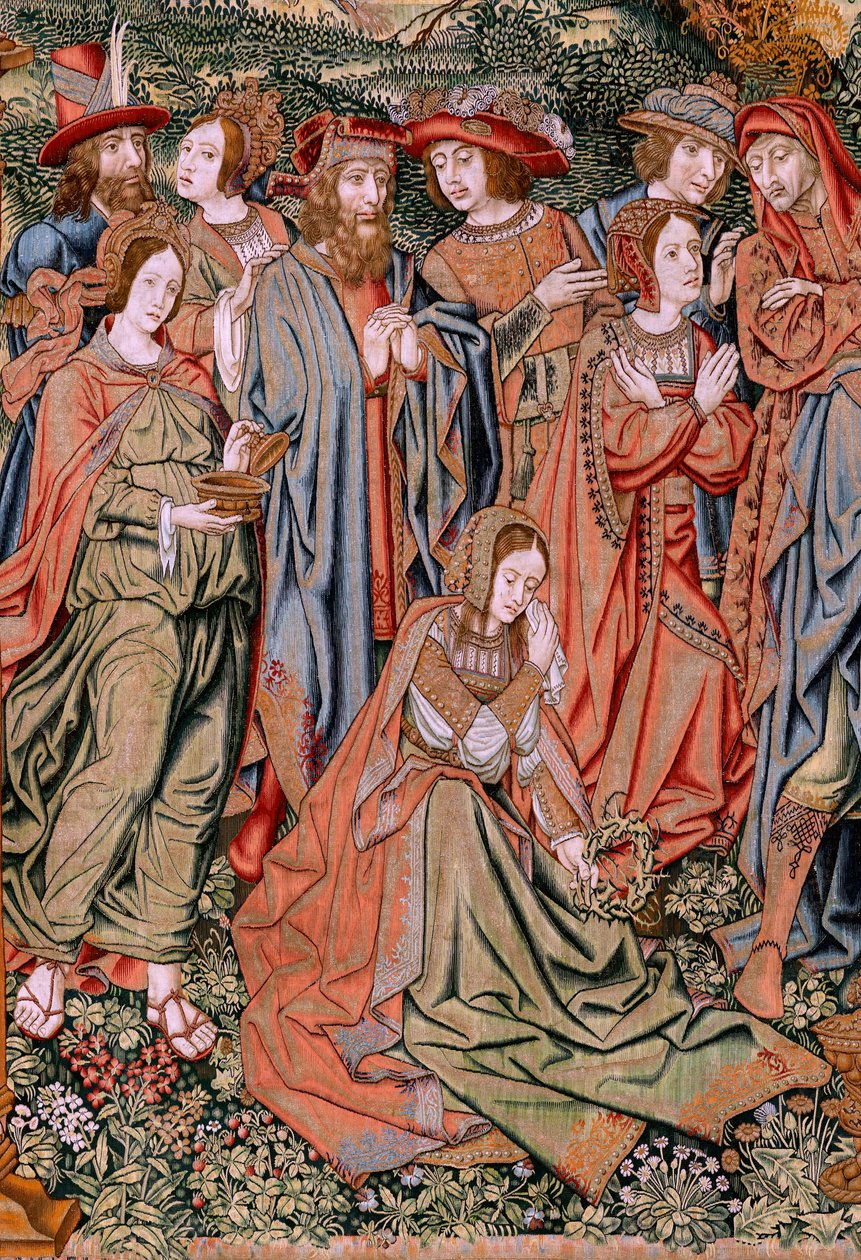 flamsk gobelin. Serien The Passion of Christ. Nedstigningen fra korset (Descendimiento). Den anden billedtæppeserie af Kristi Passion, der tilhører Patrimonio Nacional. Modeltegnere fra Jan van Roomes kreds. Fremstilling Pieter va af Flemish School
