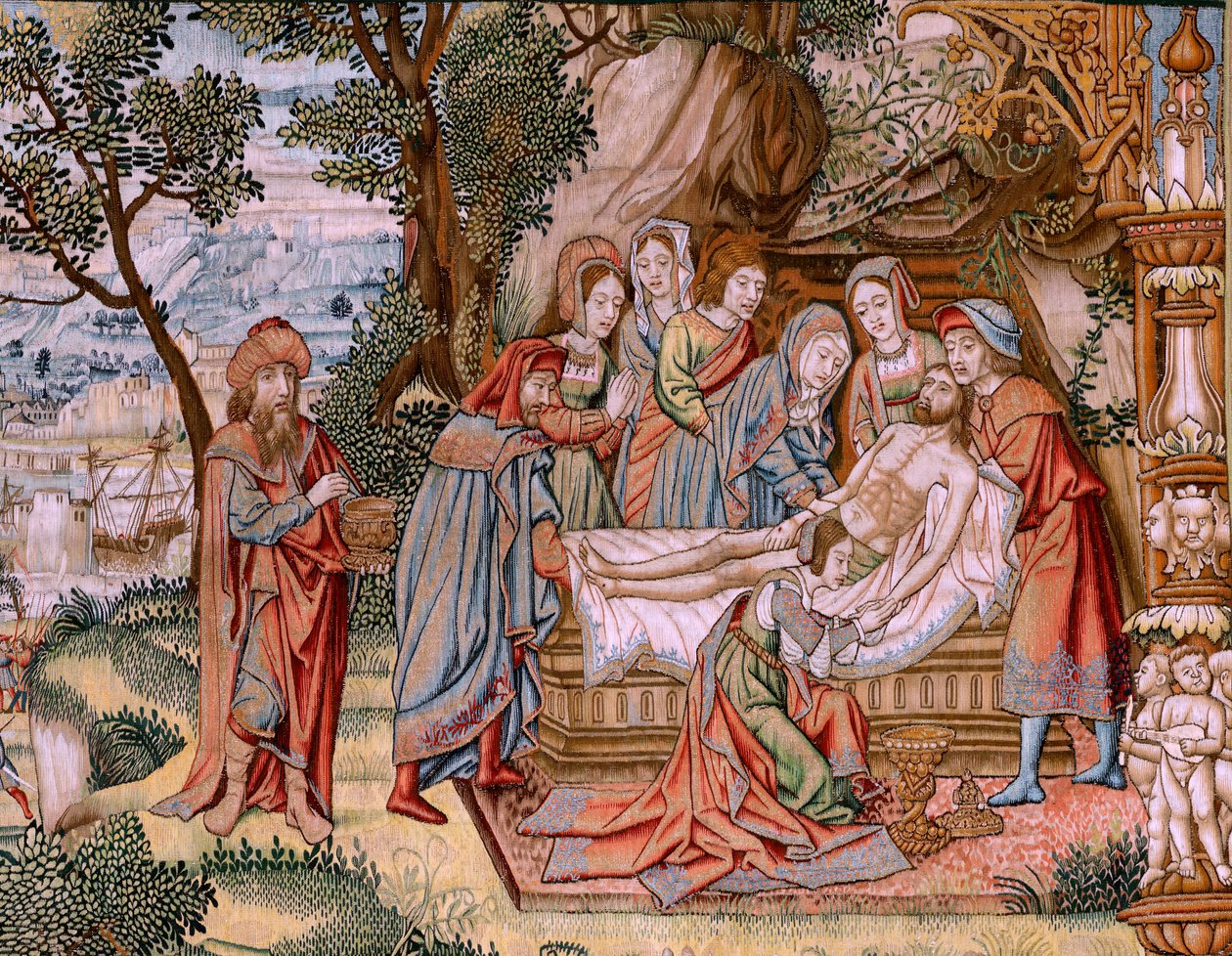 flamsk gobelin. Serien The Passion of Christ. Nedstigningen fra korset (Descendimiento). Den anden billedtæppeserie af Kristi Passion, der tilhører Patrimonio Nacional. Modeltegnere fra Jan van Roomes kreds. Fremstilling Pieter va af Flemish School