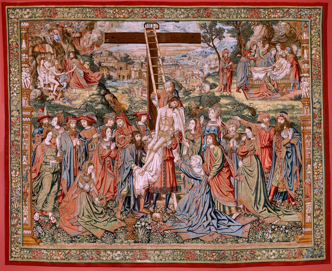 flamsk gobelin. Serien The Passion of Christ. Nedstigningen fra korset (Descandimiento). Den anden billedtæppeserie af Kristi Passion, der tilhører Patrimonio Nacional. Modeltegnere fra Jan van Roomes kreds. Fremstilling Pieter va af Flemish School