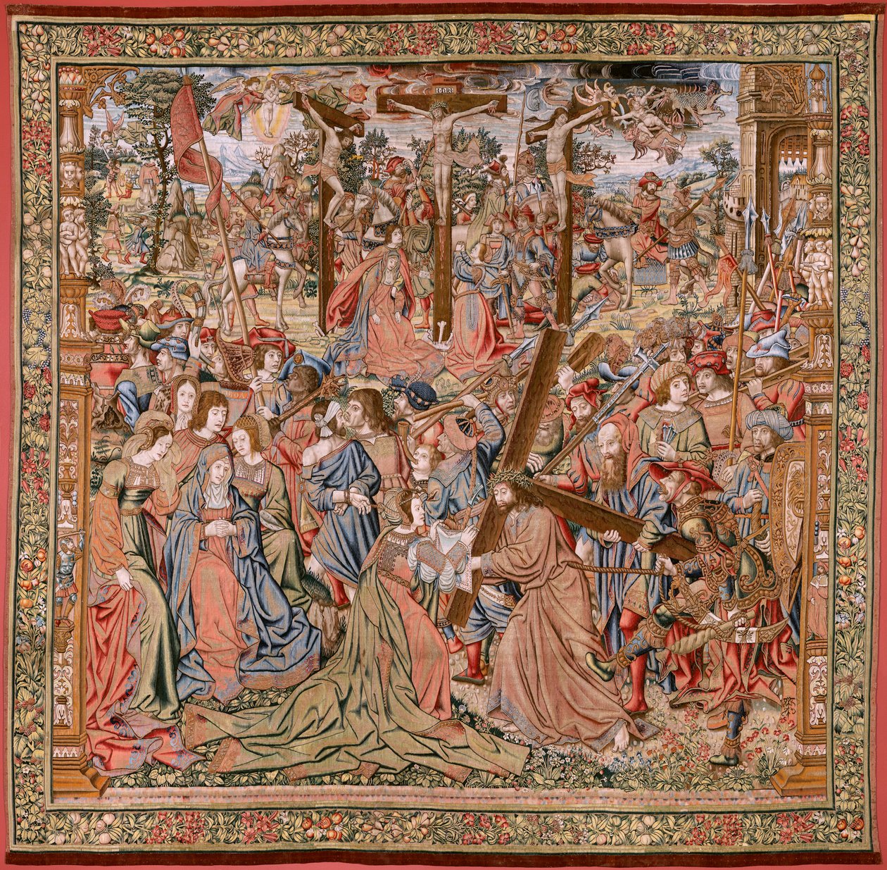 flamsk gobelin. Serien The Passion of Christ; Vejen til Golgata og møde med Veronica (Camino del Calvario y encuentro con la Verónica). Første gobelin af dem, der opbevares af National Heritage. Modeltegnere fra Jan van Roomes og Berns kreds af Flemish School