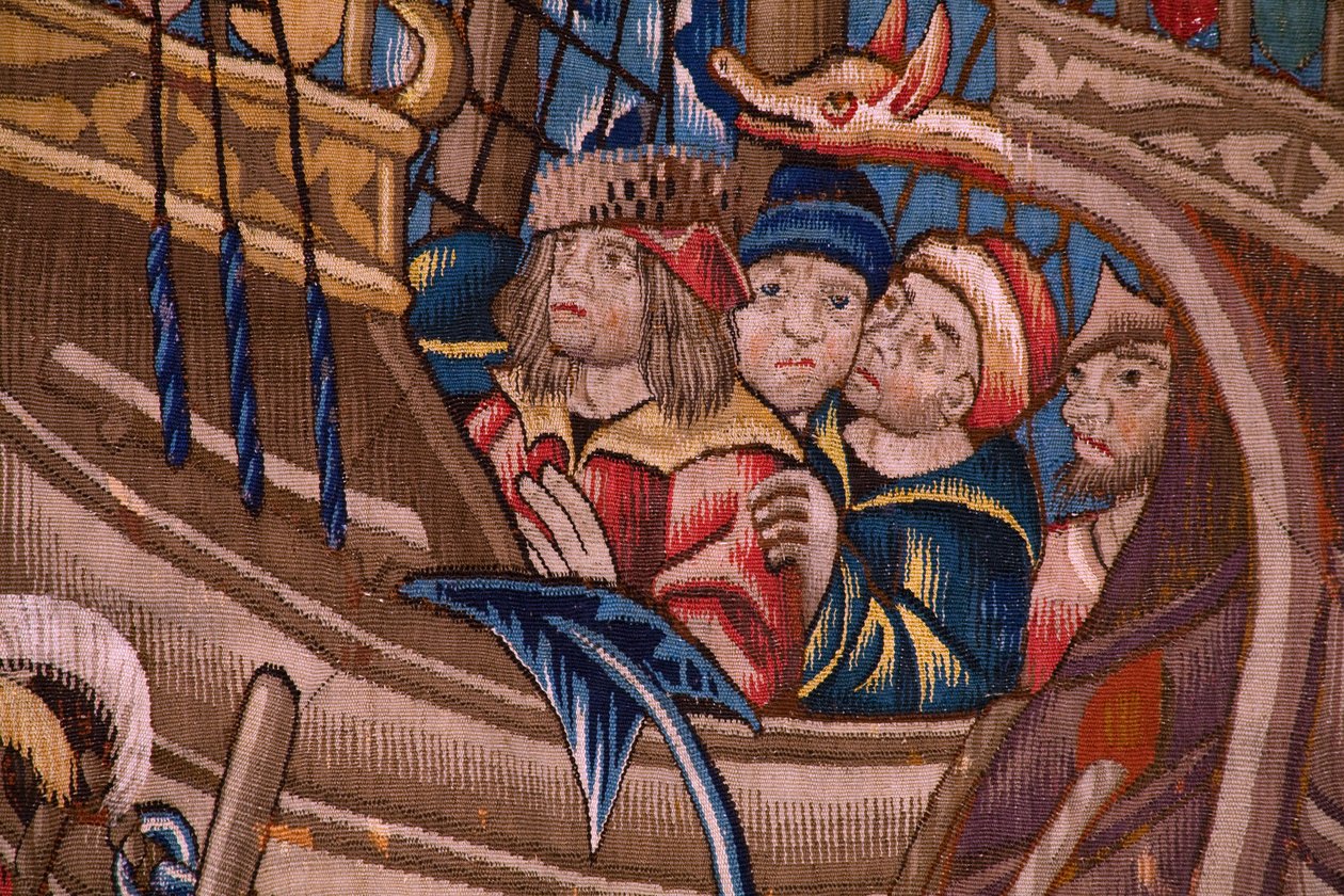 flamsk gobelin. Serie Portugiserne i Indien: Ankomsten til Calicut (Fra Aankomst i Calicut, Llegado de Vasco de Gama til Lissabon). Ca 1510. Samling Caixa Geral de Depósitos, Lissabon. Detalje. af Flemish School