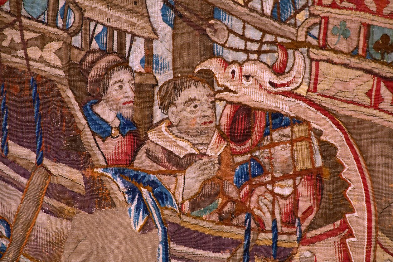 flamsk gobelin. Serie Portugiserne i Indien: Ankomsten til Calicut (Fra Aankomst i Calicut, Llegado de Vasco de Gama til Lissabon). Ca 1510. Samling Caixa Geral de Depósitos, Lissabon. Detalje. af Flemish School