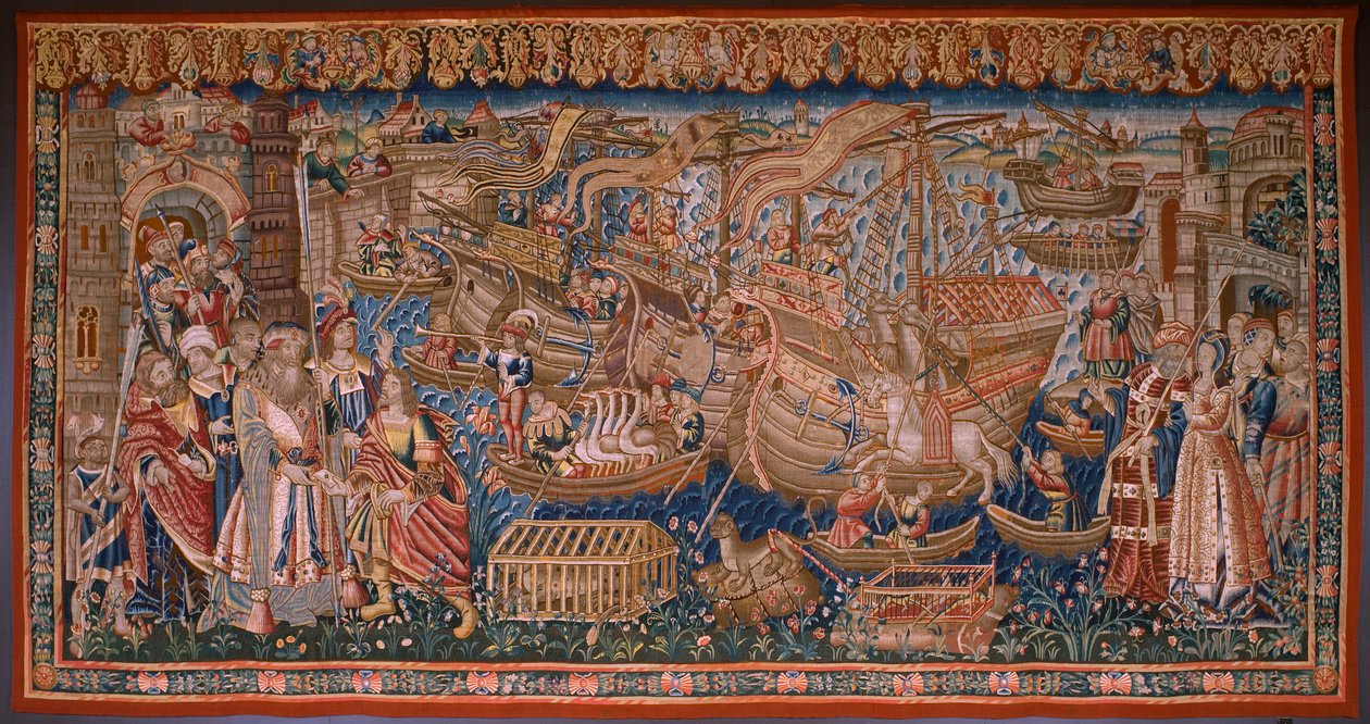 flamsk gobelin. Serie Portugiserne i Indien: Ankomsten til Calicut (Fra Aankomst i Calicut, Llegado de Vasco de Gama til Lissabon). Ca 1510. Caixa Geral de Depósitos Samling, Lissabon. af Flemish School