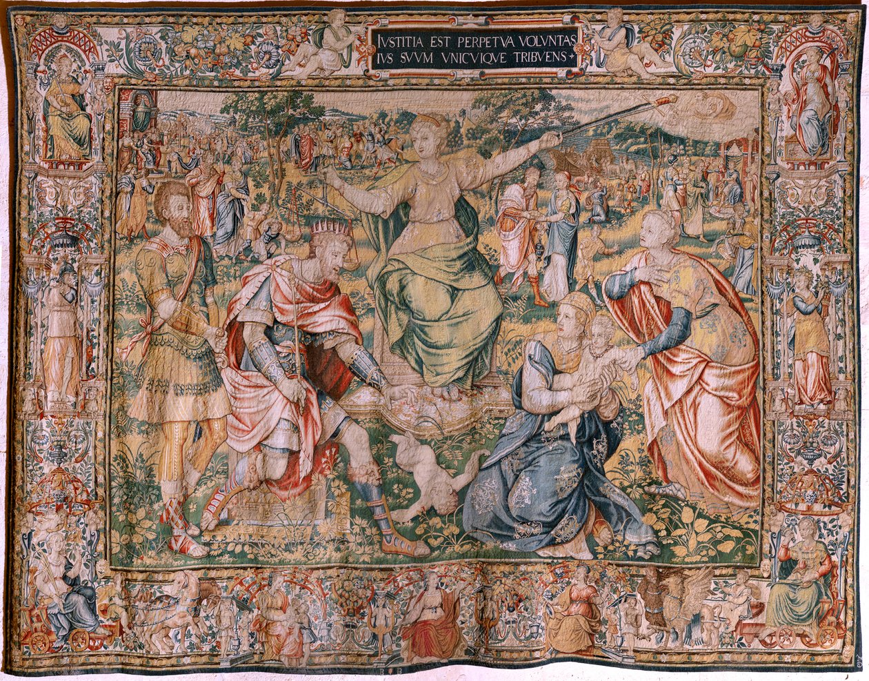flamsk gobelin. Serie De syv dyder. Retfærdighed (La Justicia). Model baseret på Michiel Coxcie. Fremstilling Bruxelles. Fremstillet af Frans Geubels. Ca 1560-1570. Stof Silke og uld. Størrelse 330 x 450 cm. Beliggenhed Burgos katedral. Oprindelse Et legat af Flemish School