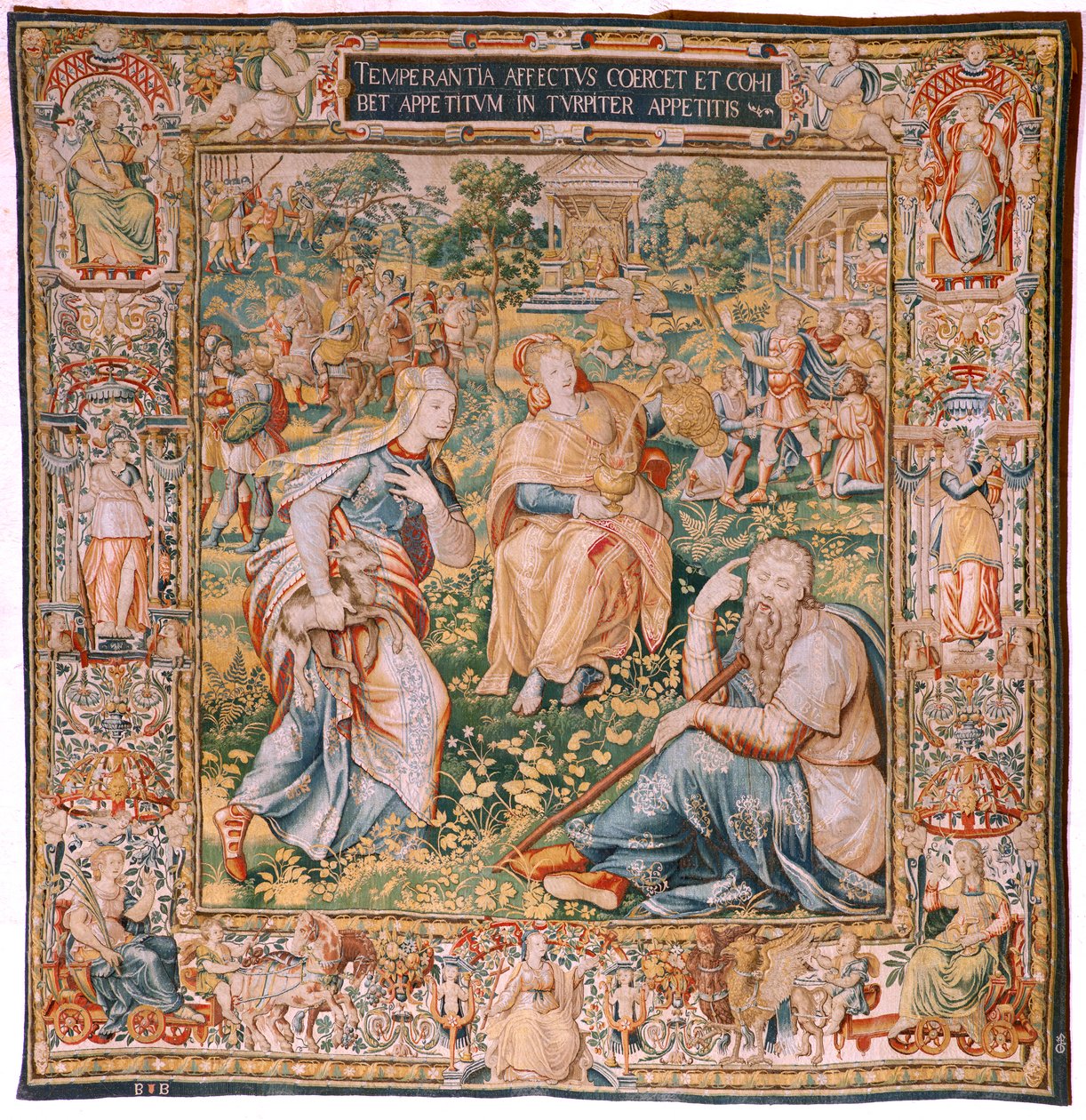 flamsk gobelin. Serien De syv dyder. Temperance (La Templanza). Model baseret på Michiel Coxcie. Fremstilling Bruxelles. Fremstillet af Frans Geubels. Ca1560-1570. Stof Silke og uld. Størrelse 330 x 320 cm. Beliggenhed Burgos katedral. Oprindelse Et legat  af Flemish School
