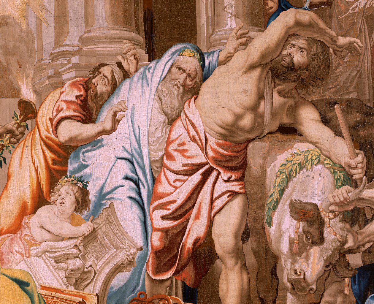 flamsk gobelin. Serien Eukaristiens triumf. Eukaristiens sejr over hedenske ofre (Victoria de la Eucaristía sobre los sacrificios paganos). Fjerde gobelin i serien. Model Peter Paul Rubens. 1626-1628. Fremstilling Jan II Raes, Jac af Flemish School