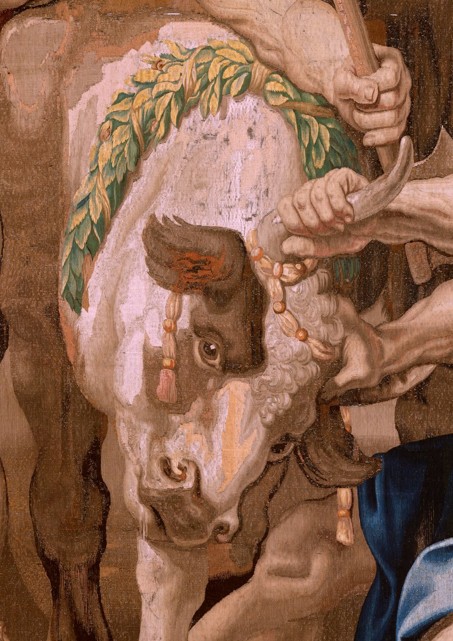 flamsk gobelin. Serien Eukaristiens triumf. Eukaristiens sejr over hedenske ofre (Victoria de la Eucaristía sobre los sacrificios paganos). Fjerde gobelin i serien. Model Peter Paul Rubens. 1626-1628. Fremstilling Jan II Raes, Jac af Flemish School