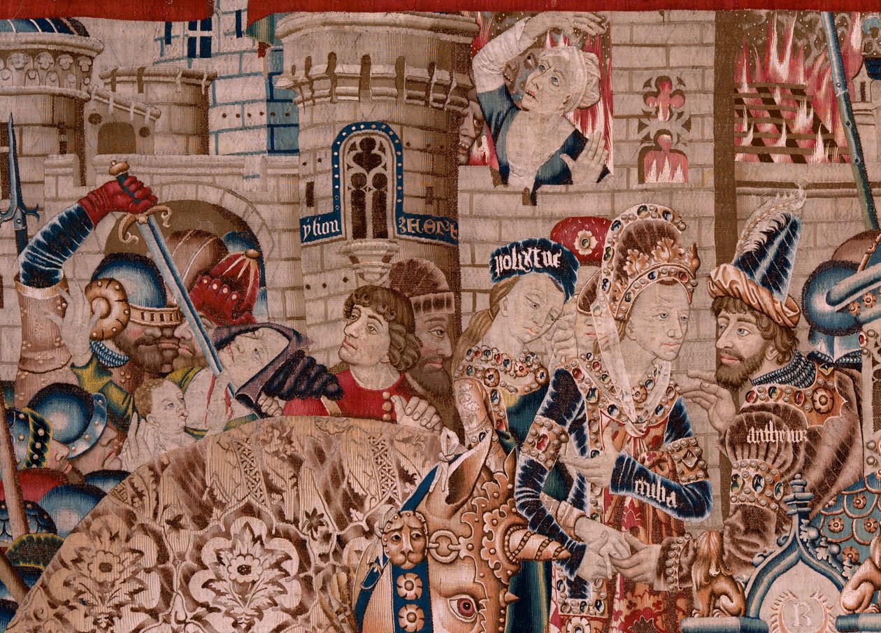 flamsk gobelin. Serien Den trojanske krig. Ødelæggelsen af Troja (Destrucción de Troya). Elvte gobelin i serien. Model Coëtivy Master (Henry eller Conrard de Vulcop). Fremstiller Tournai-værksteder. Ca 1470. Stof Uld og silke, 6/7 kæder pr. cm. af Flemish School