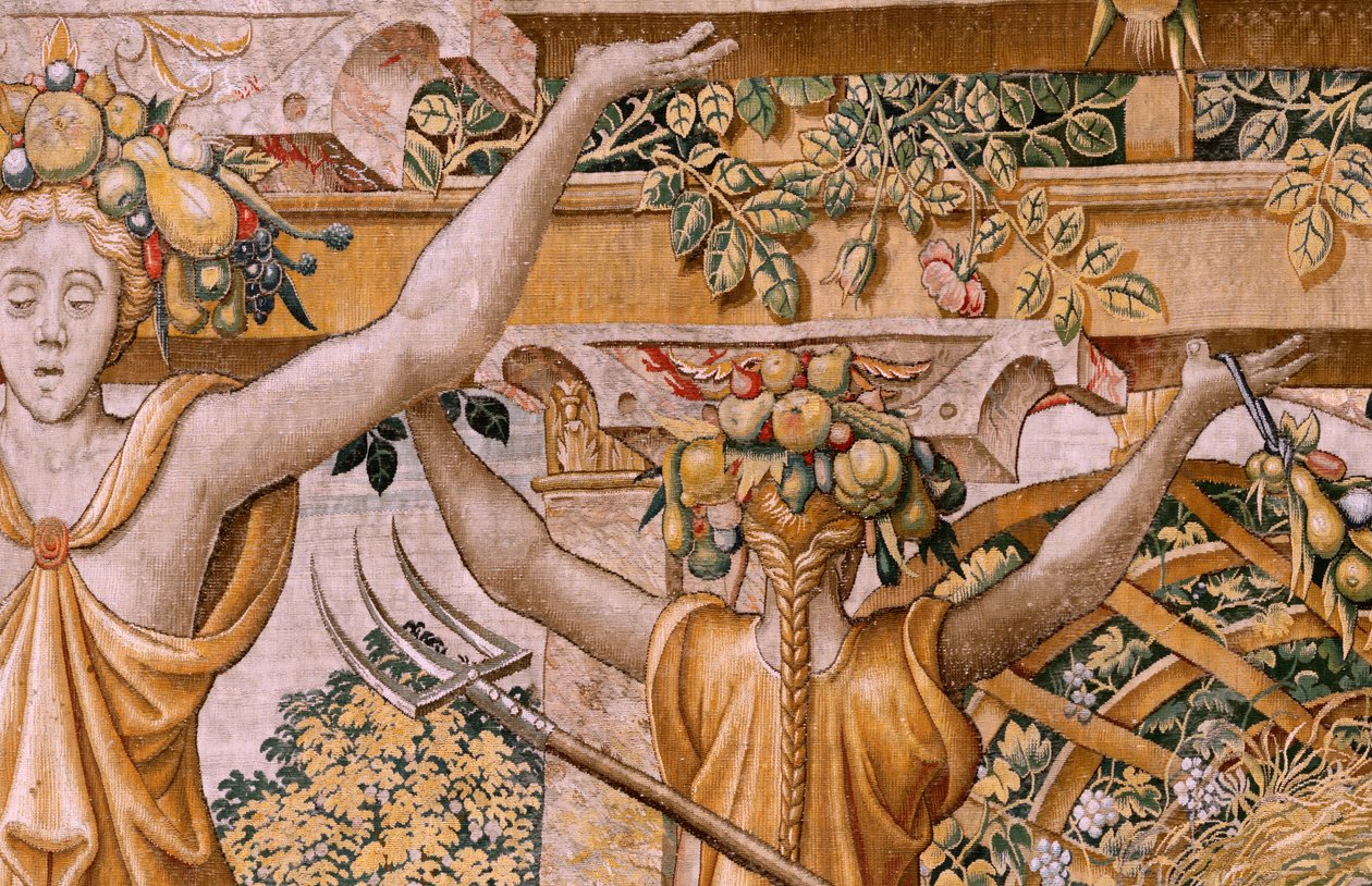 flamsk gobelin. Serien Vertumnus og Pomona. No II Vertumnus omdannet til en bonde (Vertumno y Pomona II Vertumno transformado en agricultor) no1 venstre del. Models Circle af Pieter Coecke Van Aelst og Léonard Thiry. Atelier ukendt, Bruxelles. Guld, af Flemish School