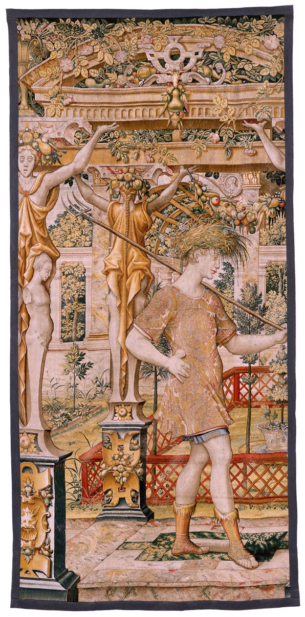 flamsk gobelin. Serien Vertumnus og Pomona. No II Vertumnus omdannet til en bonde (Vertumno y Pomona II Vertumno transformado en agricultor) no1 venstre del. Models Circle af Pieter Coecke Van Aelst og Léonard Thiry. Atelier ukendt, Bruxelles. Guld, af Flemish School