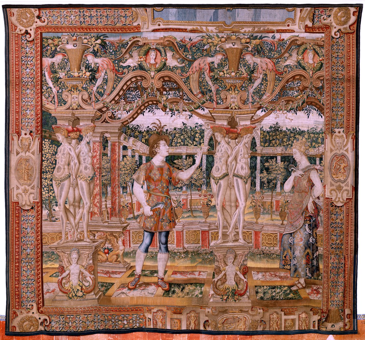 flamsk gobelin. Serien Vertumnus og Pomona. No IV Vertumnus omdannet til en beskærer (Vertumno y Pomona IV (Vertumno transformado en podador). Modeller Circle of Pieter Coecke Van Aelst og Léonard Thiry. Atelier ukendt, Bruxelles. Guld, silke og uld. B af Flemish School