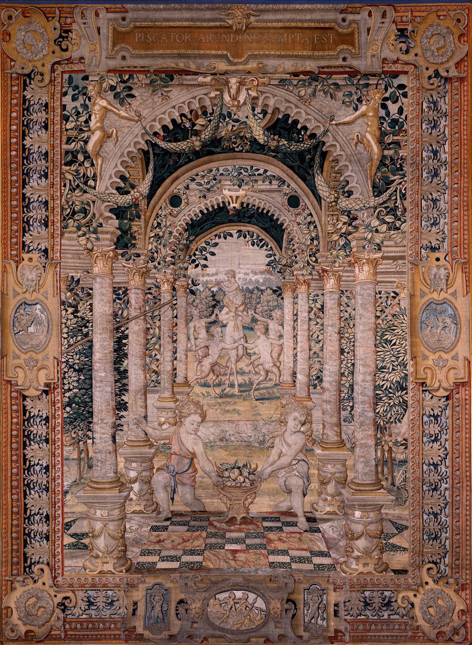 flamsk gobelin. Serien Vertumnus og Pomona. Syvende gobelin i serien; Vertumnus forvandlet til en fisker (central del). Models Circle af Pieter Coecke Van Aelst og Léonard Thiry. Fremstilling Ukendt værksted, Bruxelles. Før 1550. Stof Go af Flemish School