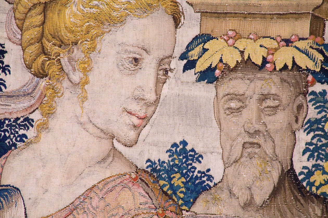 flamsk gobelin. Serier Vertumnus og Pomona: Vertumnus forvandlet til en landmand (Vertumnus som landmand, Vertumno transformado og landbruger). Studio Willem de Pannemaker. ca 1545-1550. Detalje. af Flemish School