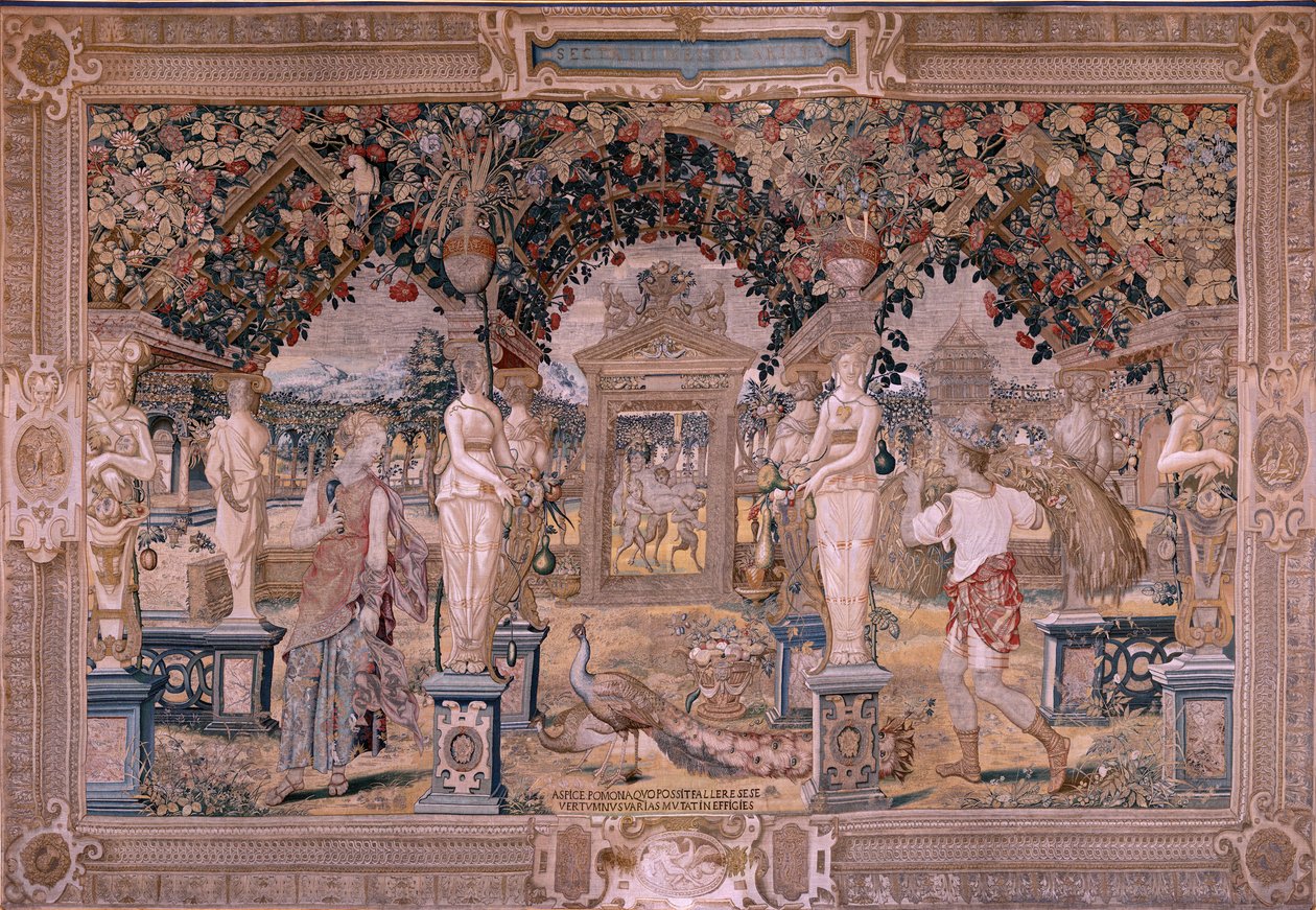 flamsk gobelin. Serien Vertumnus og Pomona. Vertumnus omdannet til en høstmaskine (Vertumno transformado en segador). Første gobelin i serien. Model Circle af Pieter Coeck van Aelst. ; Fremstilling Wilhelm Pannemaker, Bruxelles. Ca 1545-1550. Stof af Flemish School