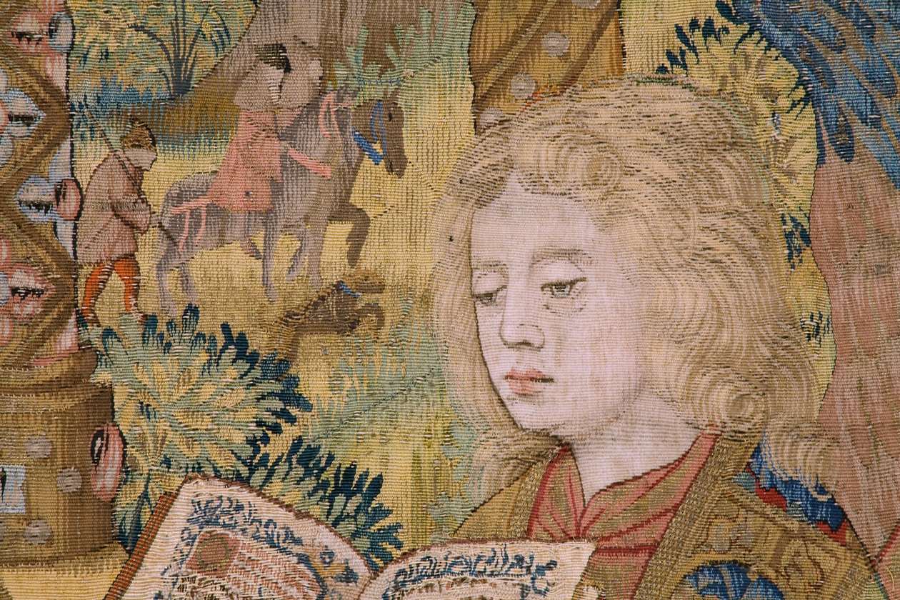 flamsk gobelin. Jomfruen med barnet og engle (Jomfruen med barnet og en engel, Maria mødte Kind in engelen). Ca af Flemish School