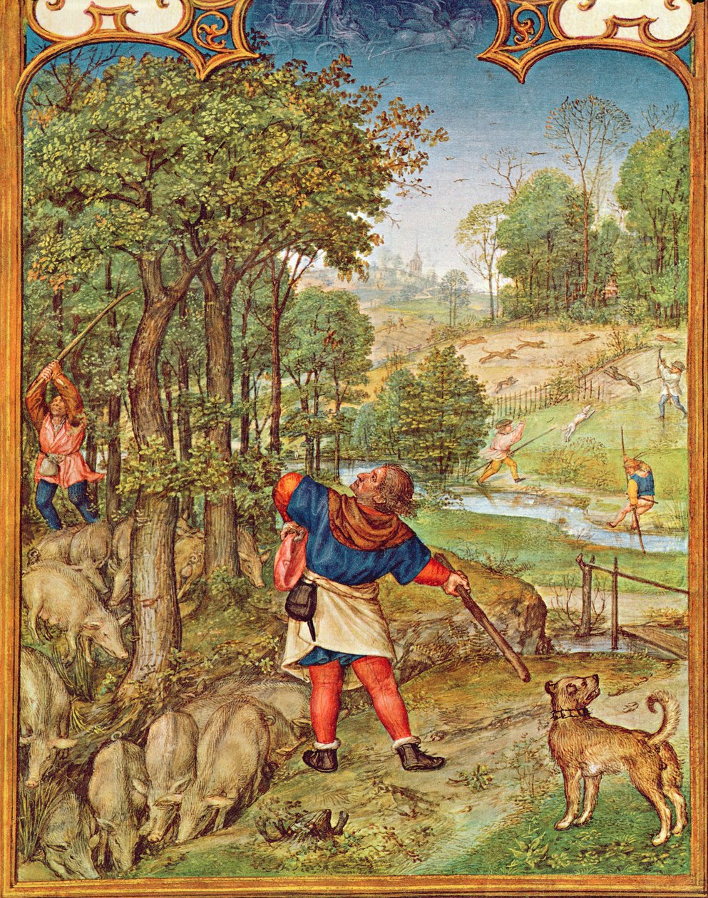 Fol.11v November måned: Høst agern til grisene og jagt, fra Breviarium Grimani, ca. 1515 af Flemish School