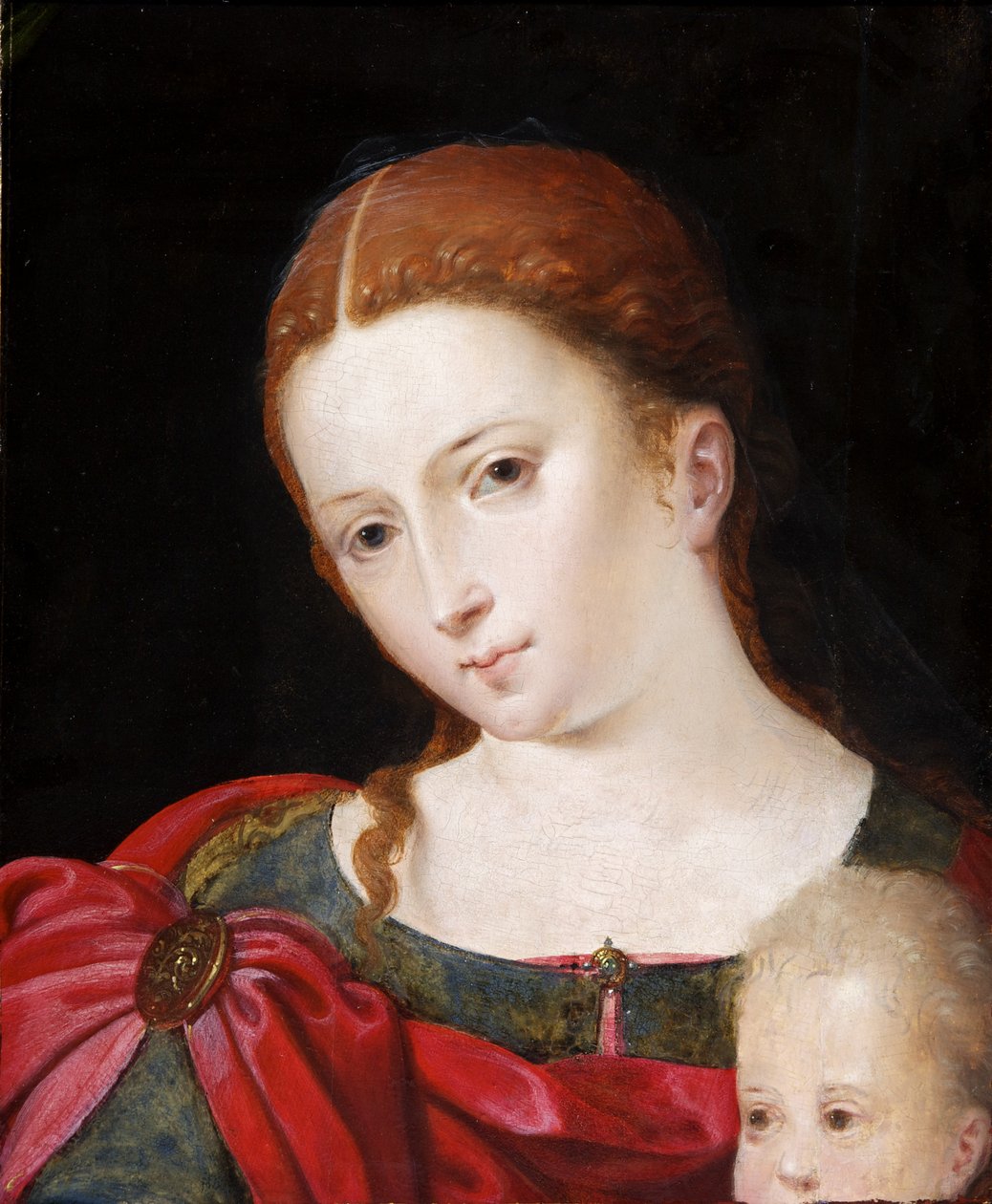Hoved og skuldre af en pige i rød kappe over blå kjole, ca. 1550 (olie på panel, eg) af Flemish School