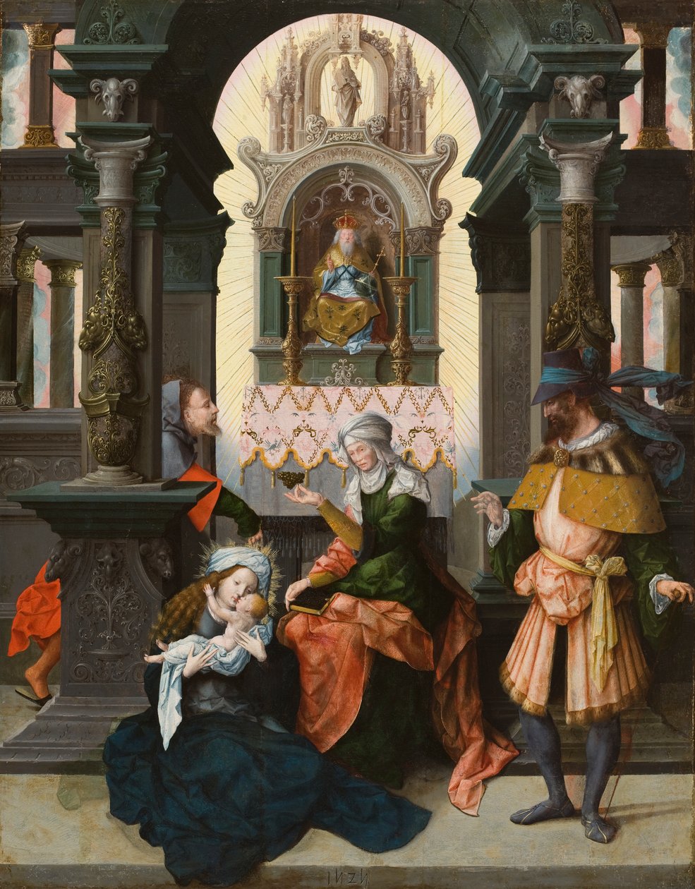 Hellig familie med St. Anne og St. Joachim, 1525 (olie på egetræspanel) af Flemish School