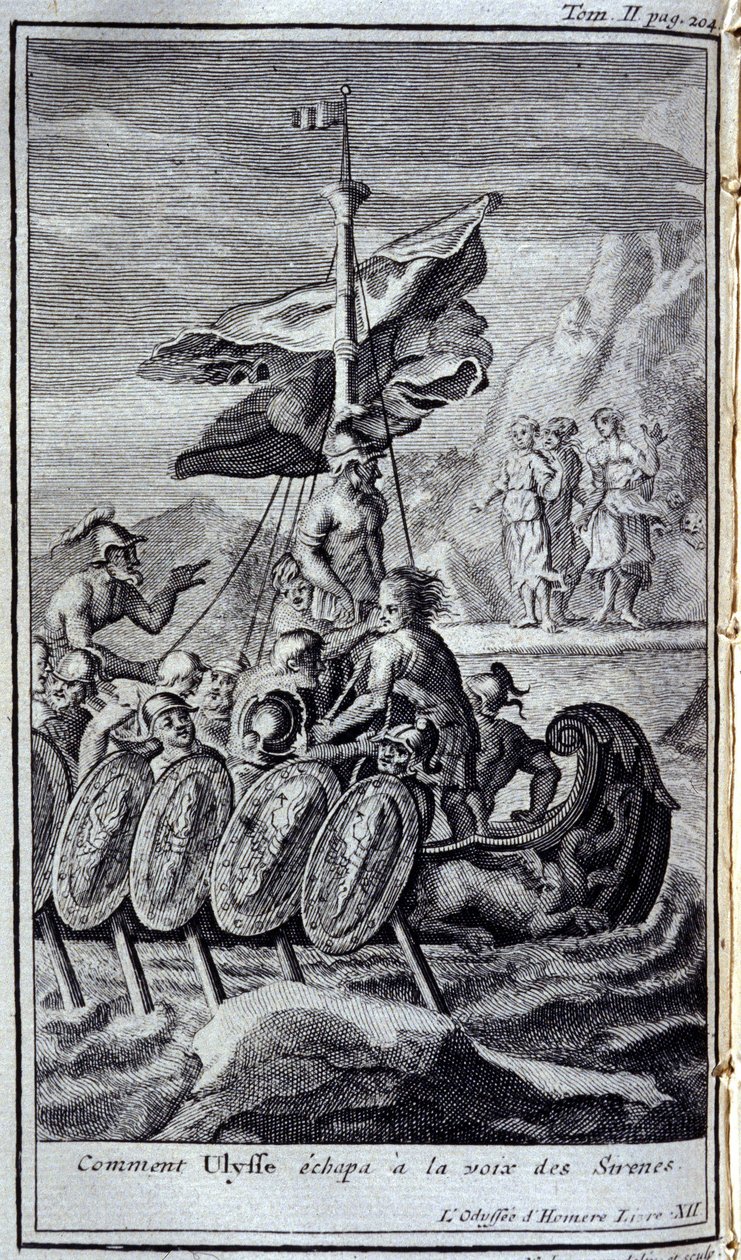 Hvordan Ulysses undslap sirenens stemme. Illustration til bog XII af Odyssey of Homer, i Odyssey, udgivet i Amsterdam i 1731, Collection privee Milan. af Flemish School