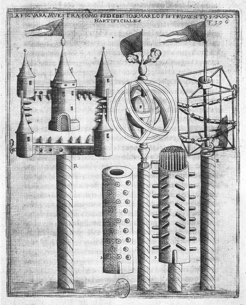 Sådan sætter du fyrværkeri, illustration fra Tratado de Artilleria af Diego Ufano, Bruxelles, 1613 af Flemish School