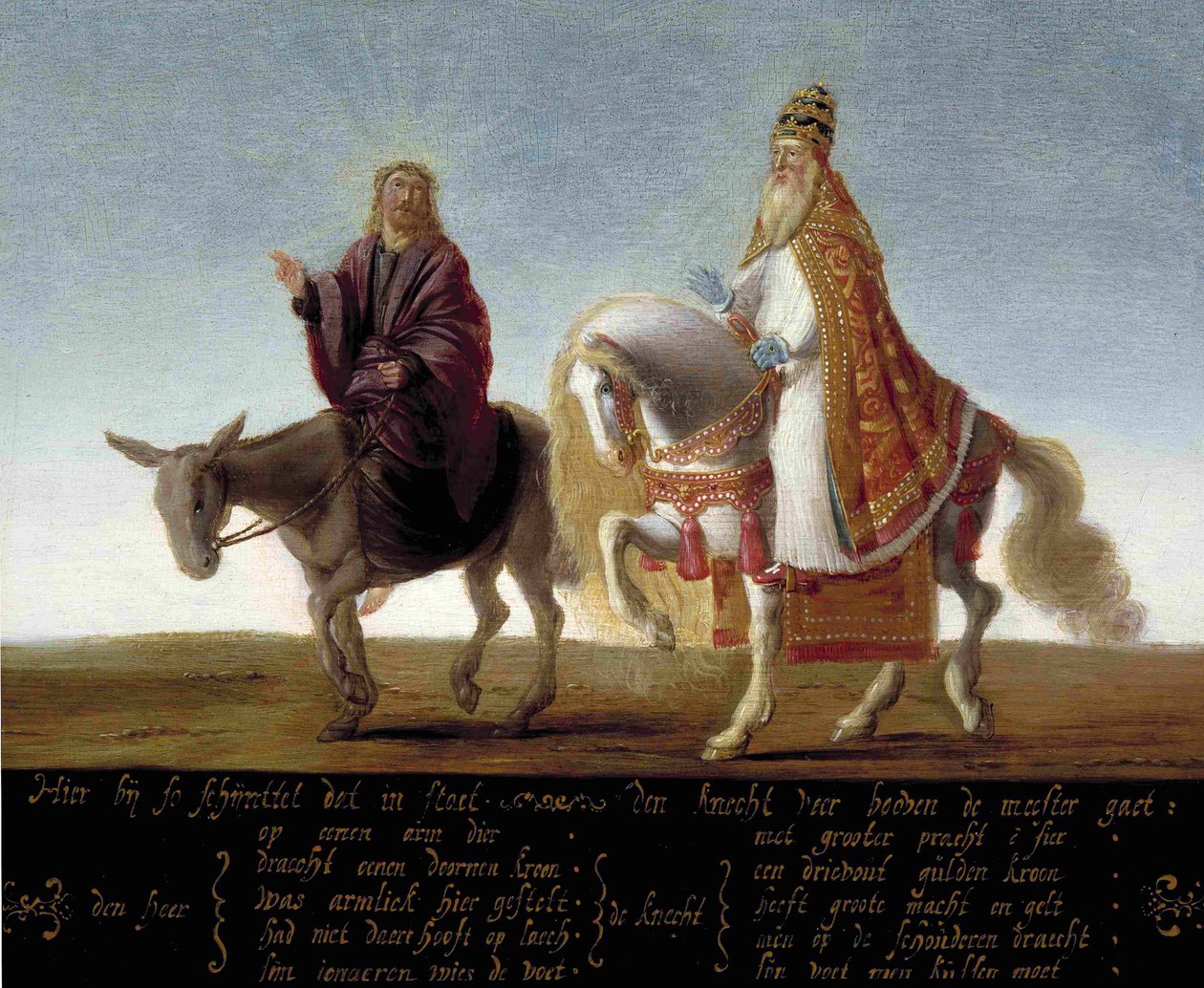 ""Jesus repræsenteret på et æsel ved siden af ​​den rigt klædte pave på en hest"" Luthersk karikatur mod paven - Anonymt maleri af Flemish School