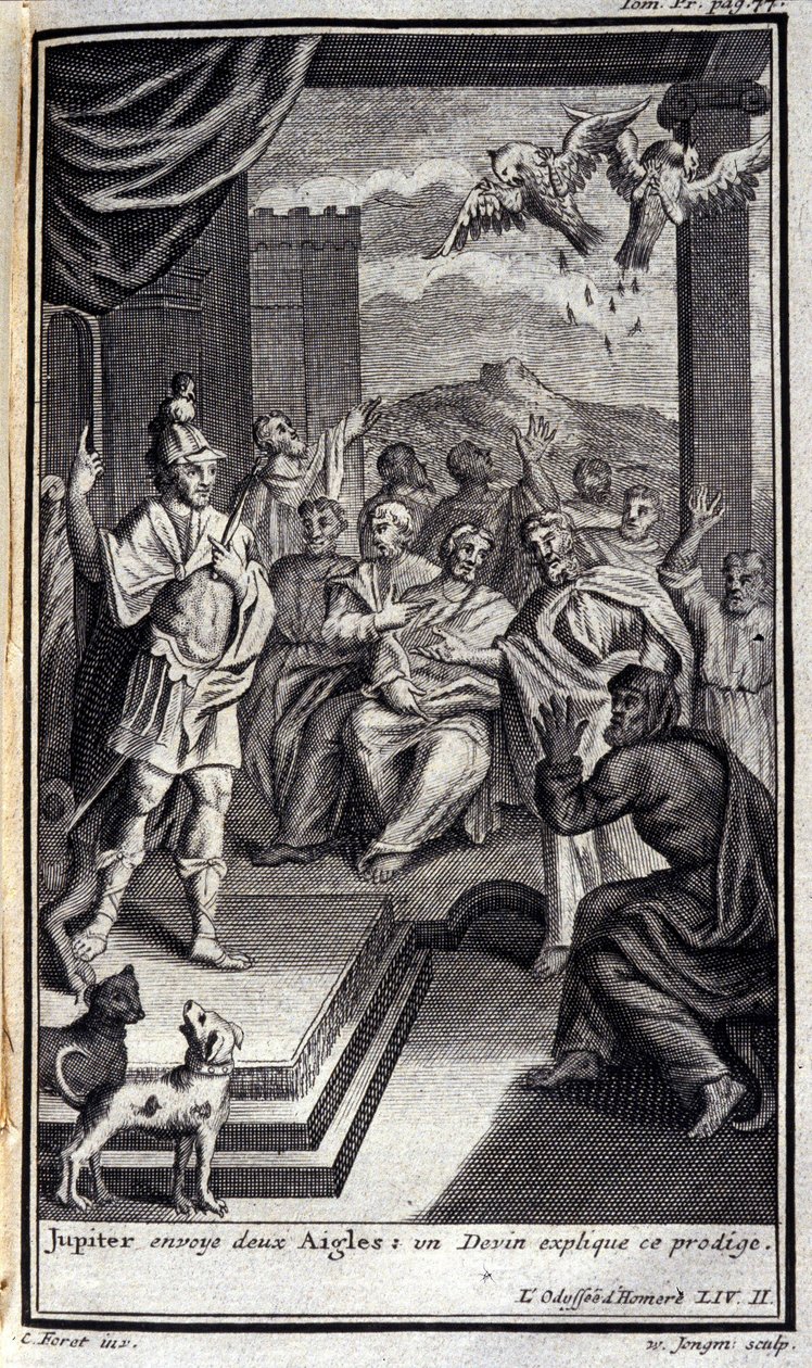 Jupiter sender to ørne: en sut forklarer dette vidunderbarn. Lustration til bog II af Odyssee af Homere, i Odyssee, udgivet i Amsterdam i 1731, Collection privee Milan. af Flemish School