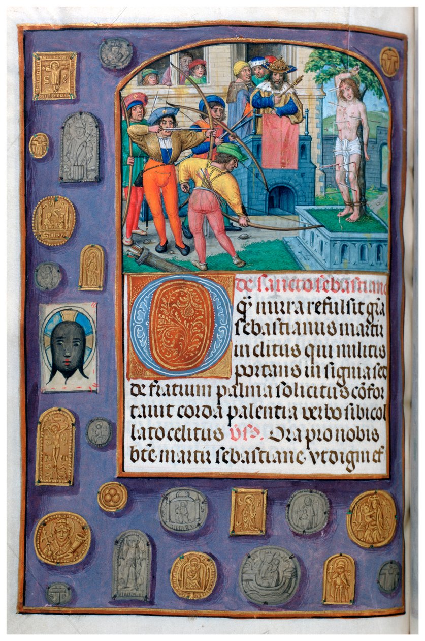 MS 4, bind. 127, f.112v, Martyrium of St Sebastian med trompe l