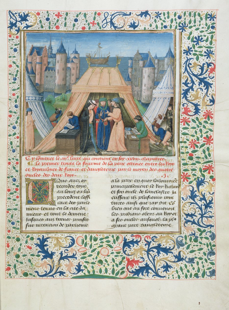 MS W201 f.147 Fredstraktat fra Chroniques dAngleterre (Vol.IV) 1475-80 (tempera på vellum) af Flemish School
