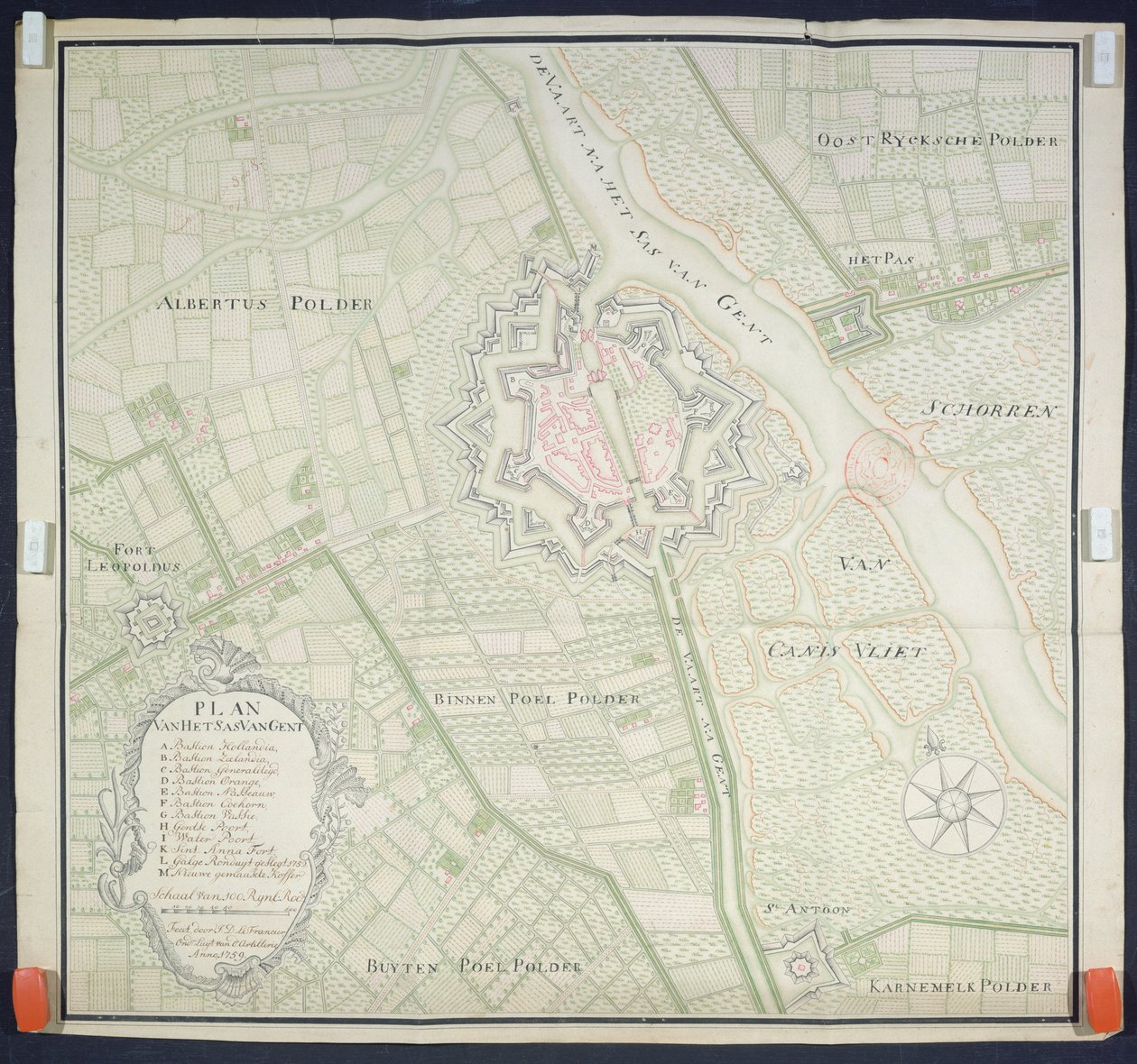 Kort over Sas de Gant og de omkringliggende områder, 1759 af Flemish School