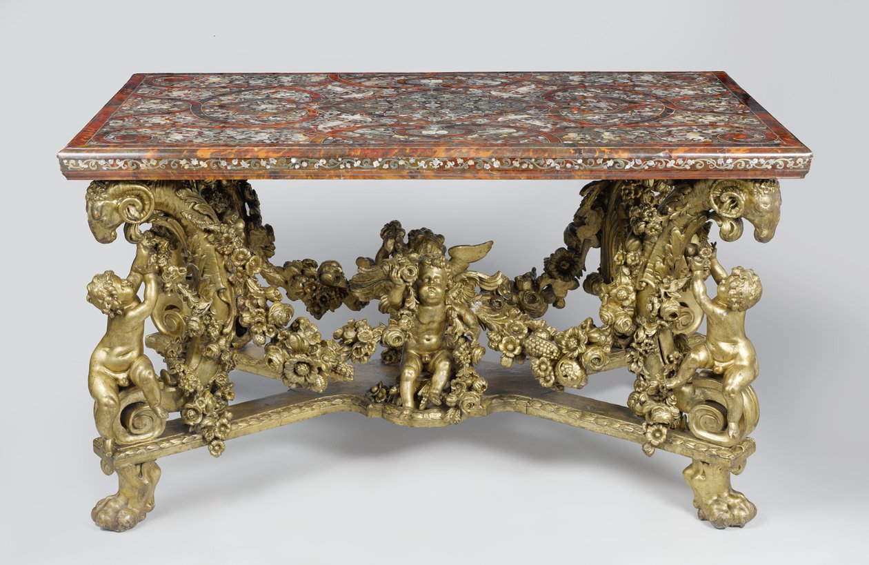 Intarsiabord på fod af udskåret og forgyldt limetræ, 1689 af Flemish School