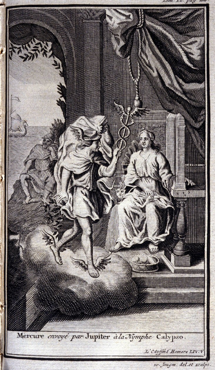 Merkur sendt af Jupiter til nymfen Calypso. Illustration til bog V af Odysseen af Homer, i Odysseen, udgivet i Amsterdam i 1731, Collection privee Milan. af Flemish School