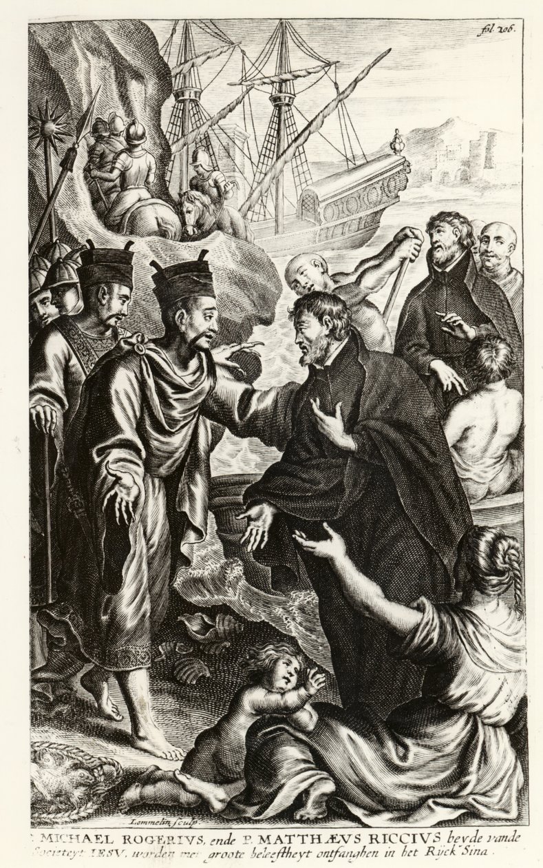 Michael Rogerius (1543-1607) og Matthaeus Riccius (1552-1610) ankommer til Kinas kyst, illustration fra en historie om kirken af P. Cornelius Hazart, udgivet i Antwerpen, 1668 af Flemish School