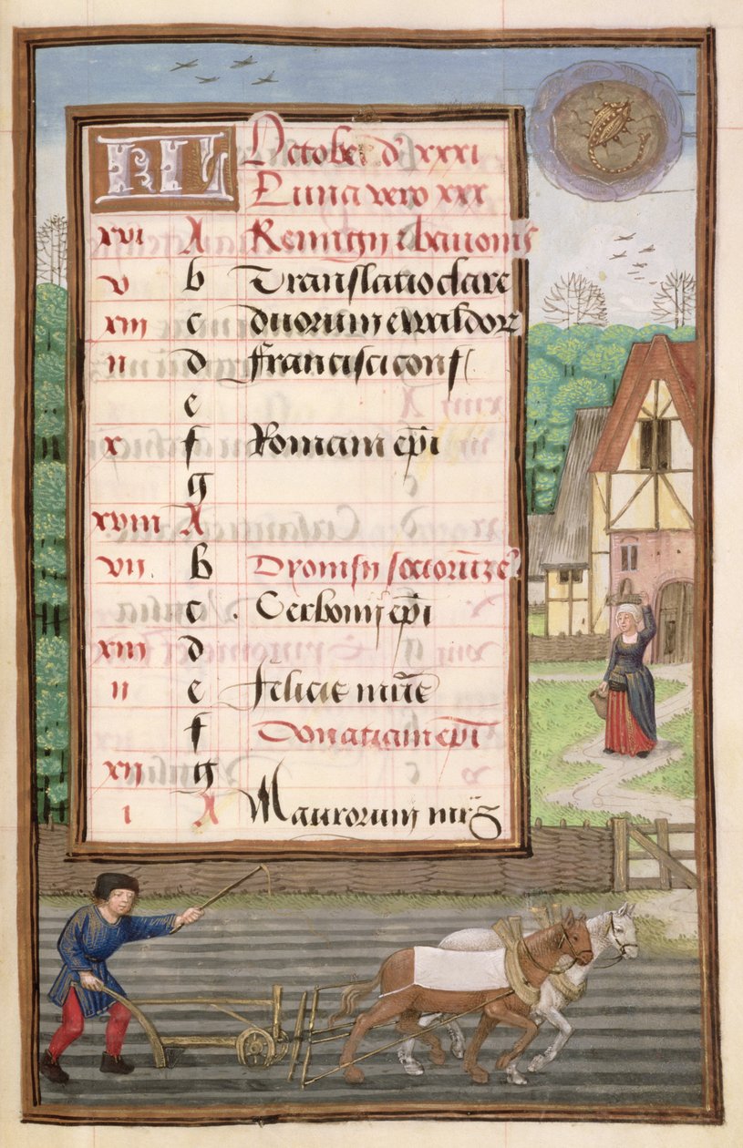 Ms 1058-1975 f10r Pløjning med to heste, oplyst kalenderside for oktober, fra en timebog, ca. 1500 af Flemish School