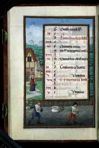 Ms 1058-1975 f.10v To mænd der sår majs, illumineret kalenderblad for oktober, fra en timebog, ca. 1500 (pergament) af Flemish School