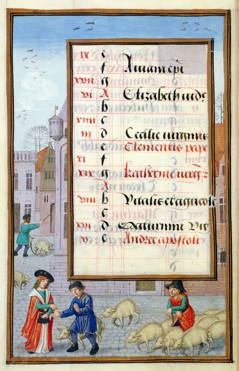 Ms 1058-1975 f11v Selling Pigs at the Market, oplyst kalenderside for november, fra a Book of Hours, ca. 1500 af Flemish School