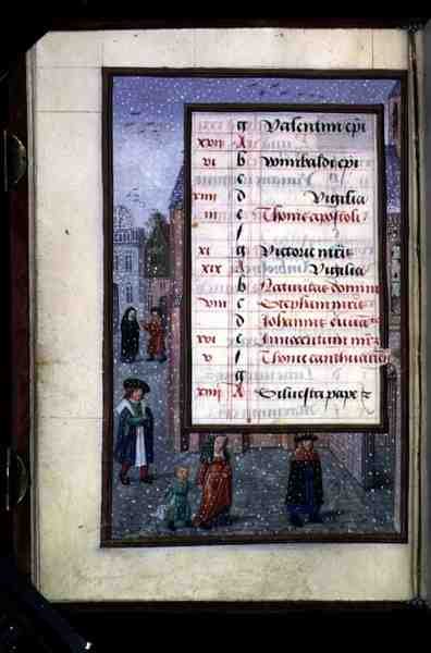Ms 1058-1975 f12v Snow in a Street, oplyst kalenderside for december, fra a Book of Hours, ca. 1500 (vellum) af Flemish School