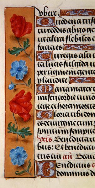Ms. 1058-1975, f.16r: detalje af en blomsterkant fra en timebog, ca. 1500 (vellum) af Flemish School